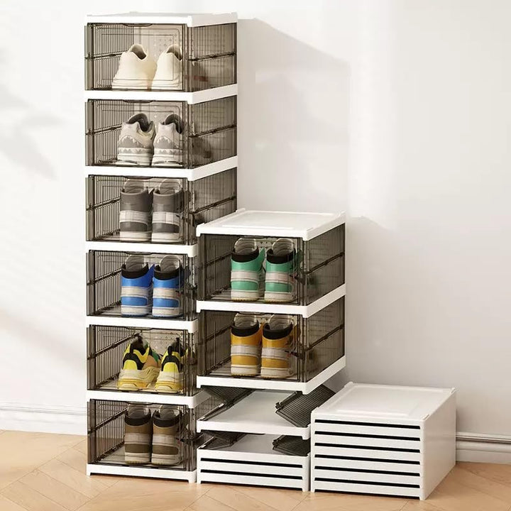 Schuhboxen Stapelbar, 6 Ebenen, Transparent, Faltbar, Dickem Kunststoff, für Sneaker bis Grösse 46,