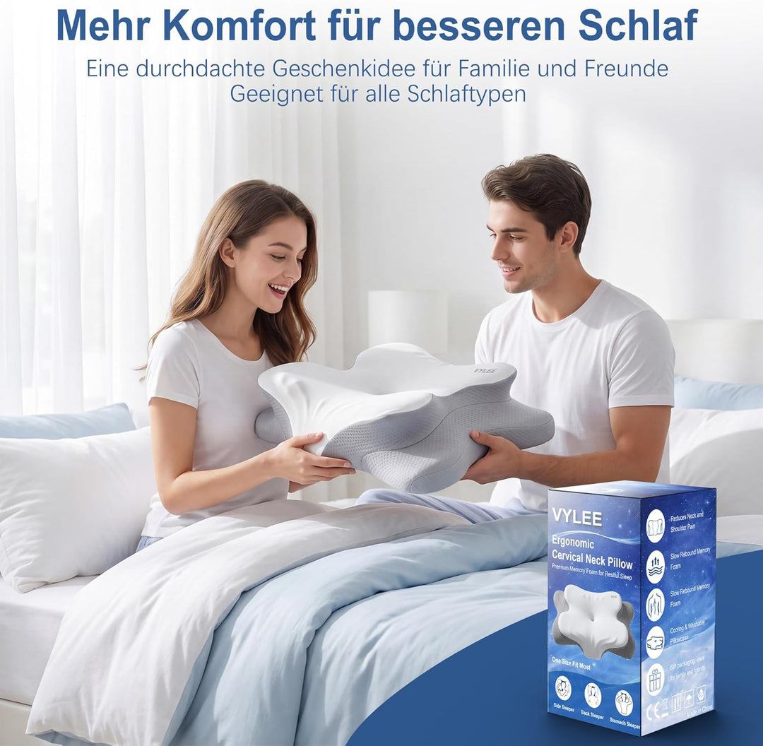VYLEE Ergonomisches Nackenkissen Memory Foam Kopfkissen für Rücken-, Seiten- und Bauchschläfer, Schl