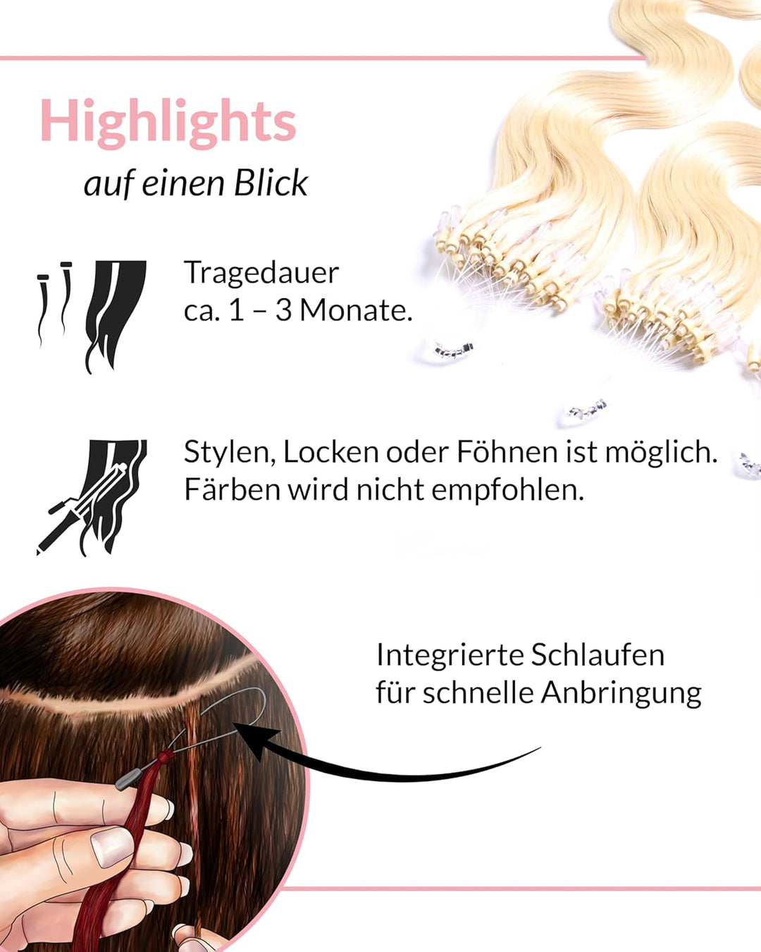 hair2heart Microring Extensions Echthaar Gewellt - 150 Strähnen 0.5g 40cm 10/0 hell-lichtblond 40cm