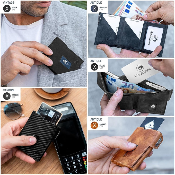 Wolfstrøm Slim Wallet mit Münzfach 'Ludvig' I 7+1 Karten Mini Geldbörse Herren klein, RFID Blocker I