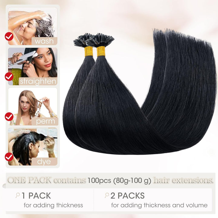 Elailite Extensions Echthaar Bonding 1g/s 40cm #1 Schwarz U Tip Hair Extensions Keratin 100 Strähne
