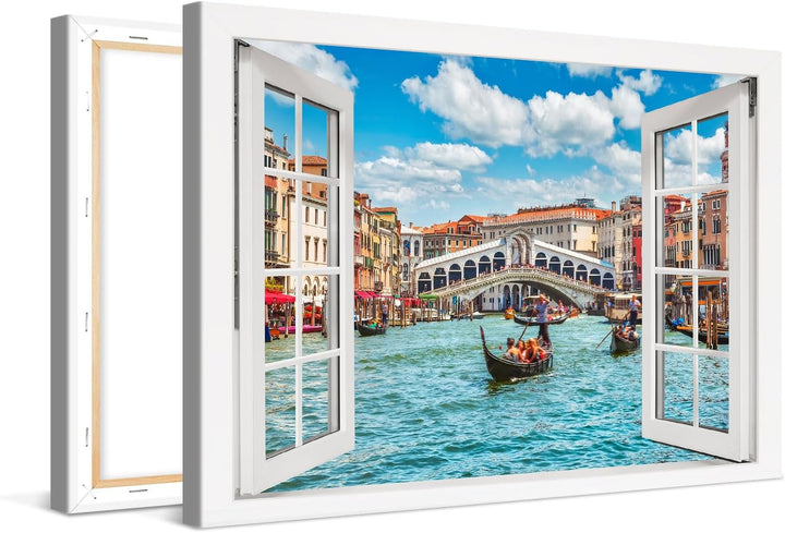 PICANOVA – Leinwandbild 120x80cm Rialtobrücke Venedig Fenster – Leinwanddruck – Wandbild Kunstdruck