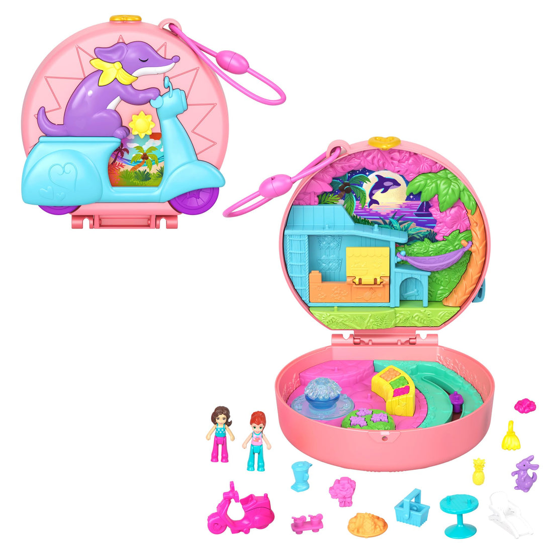 Polly Pocket-Puppen und Spielset, Adventure Moped-Schatulle, Reisespielzeug mit 2 kleinen Puppen und