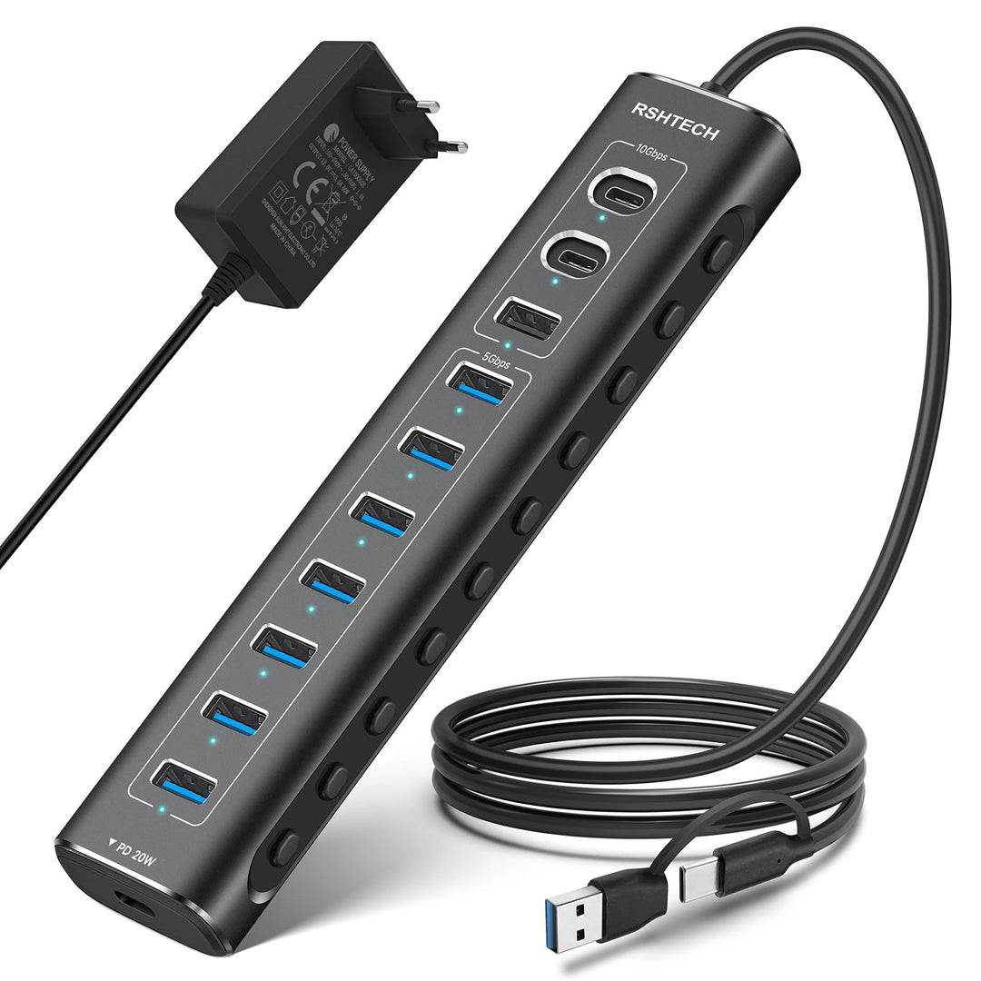 USB C 3.2 Hub Aktiv mit Netzteil (60W 12/5A), RSHTECH 11-Port USB C 3.1 Gen2 Hub mit 20W PD, 3 * 10G