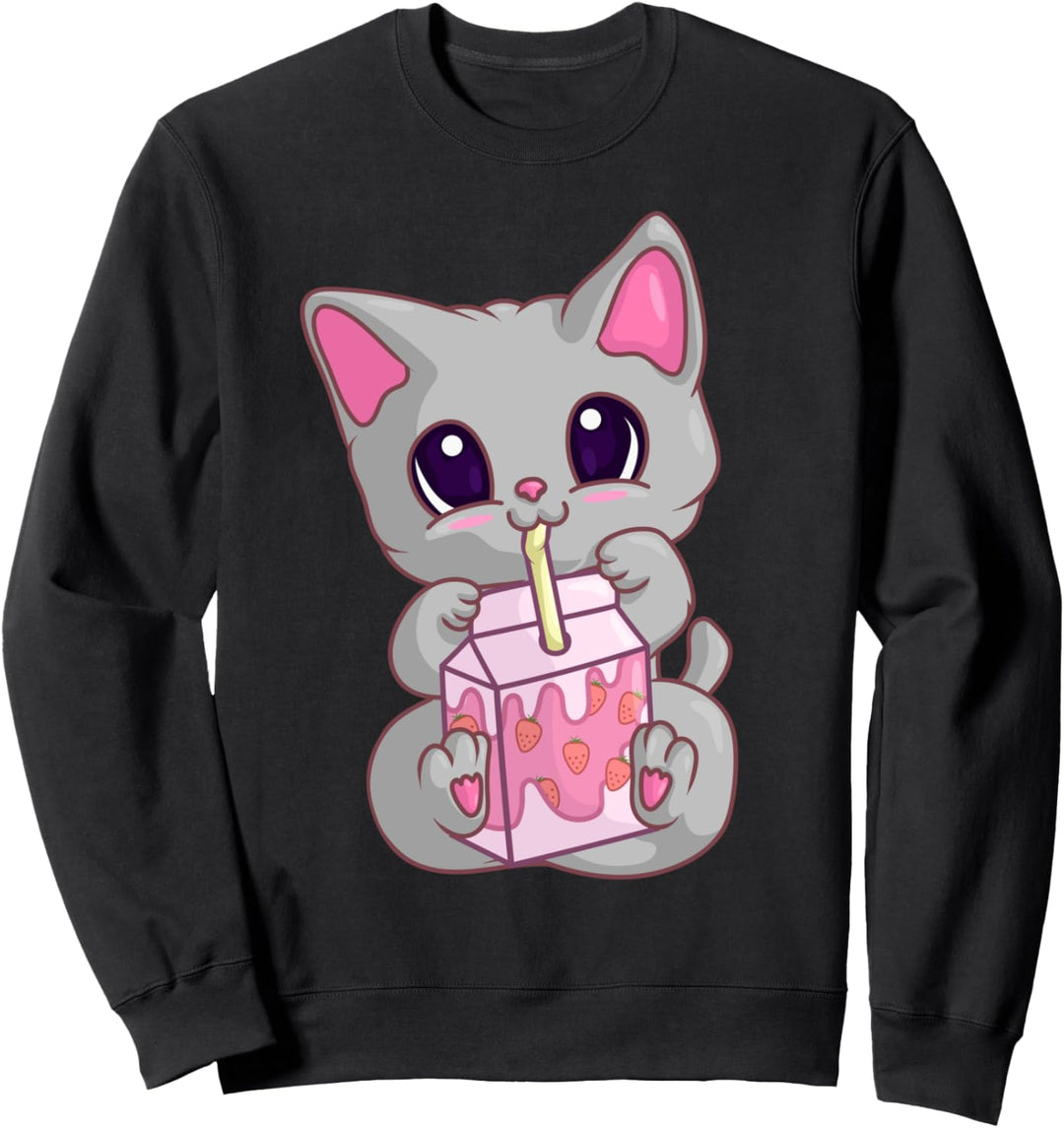 Maneki Neko Erdbeermilch für Mädchen, Katze, Kawaii Sweatshirt