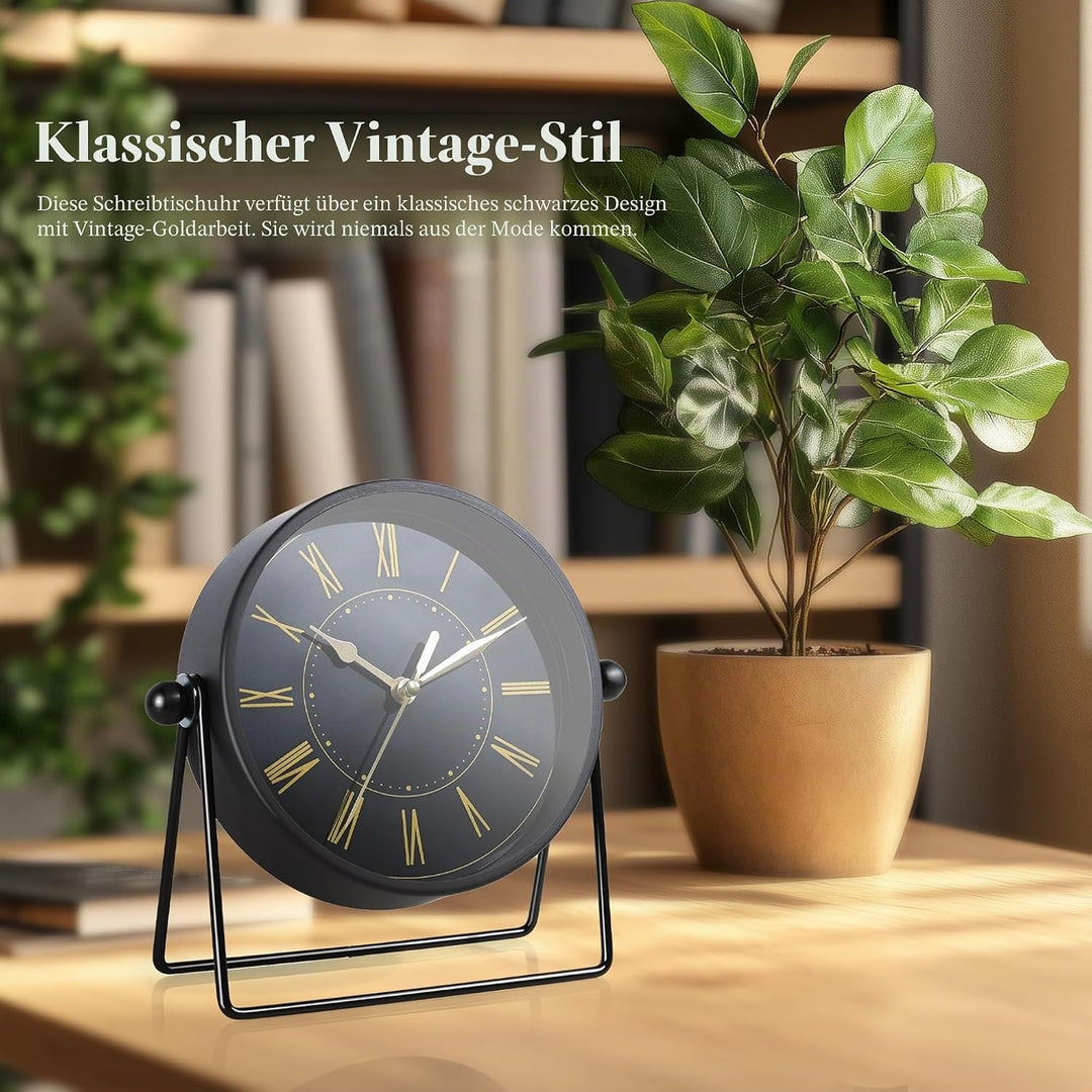 Vintage Metall-Tischuhr – Leise Kaminuhr ohne Ticken mit verstellbarem Winkel, Analoge Standuhr im R