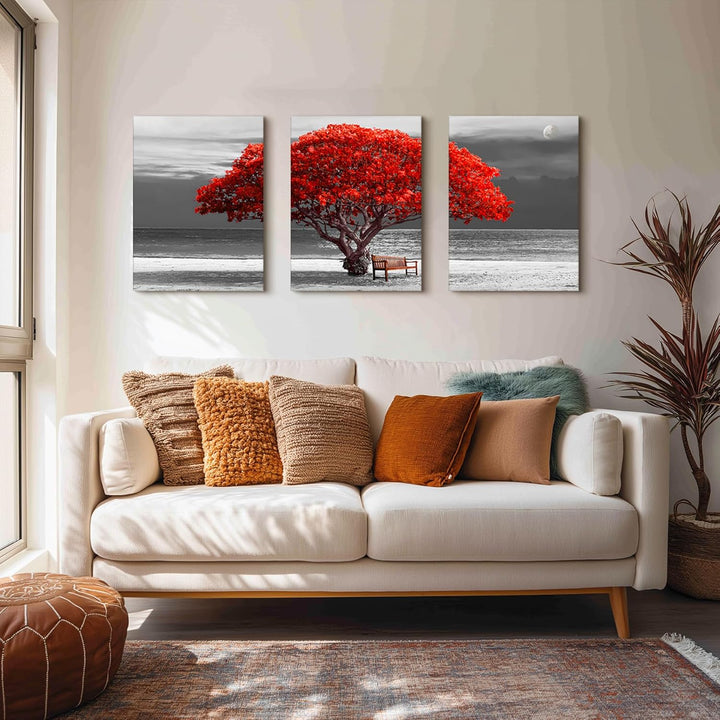 hyidecorart Bilder Baum Rote, Bäume Natur Leinwand Bilder, 3 Teilig Wandbilder Wohnzimmer, Modern Gl
