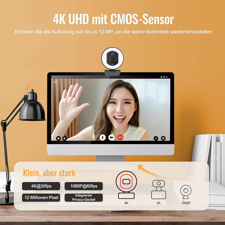 Angetube Webcam 4K mit Licht – Streaming-Kamera für PC mit Dual-AI-Rauschunterdrückungs-Mikrofon, Au