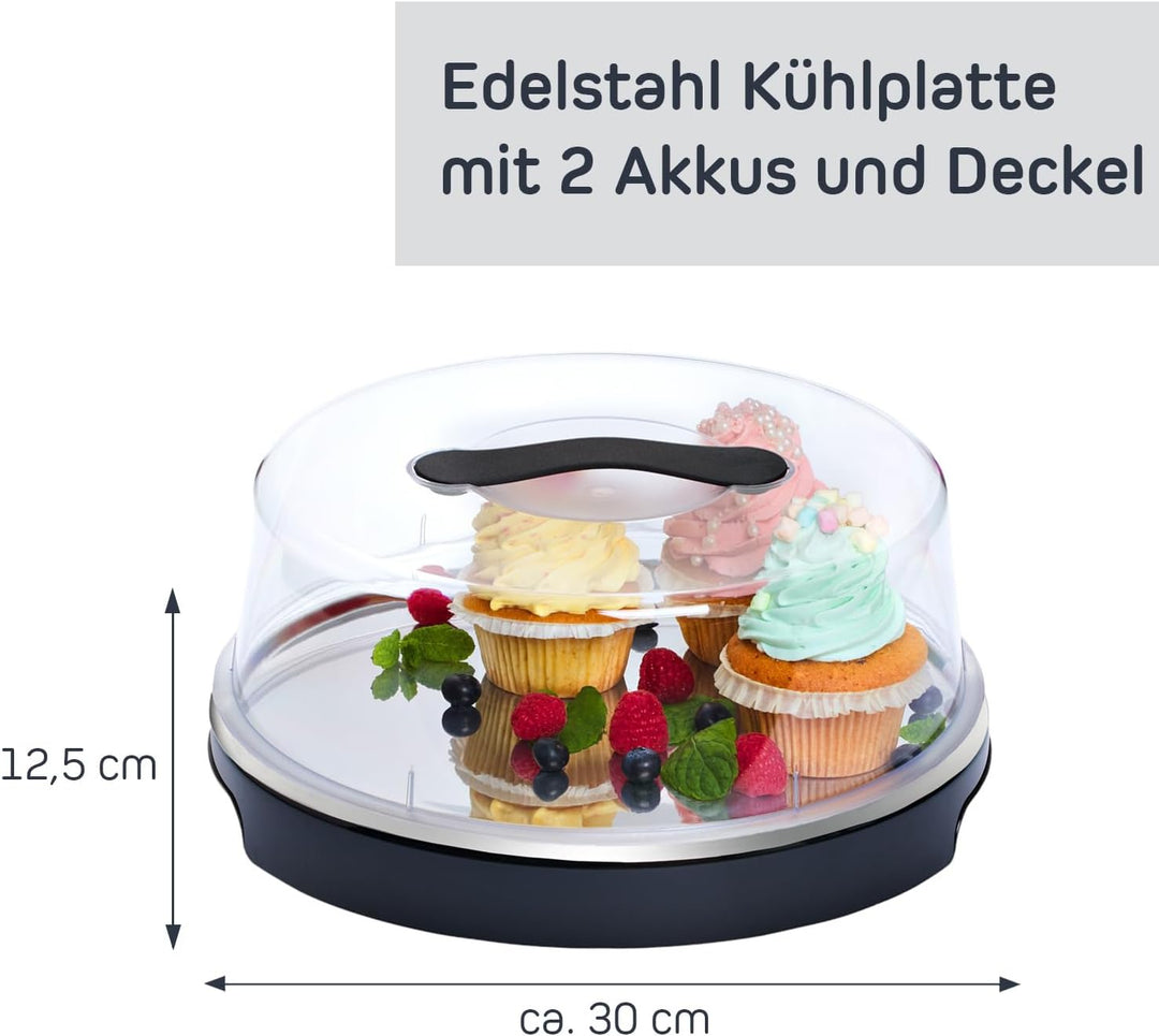 FH - Servierplatte mit Deckel - Kuchen Transportbox mit Kühlung, Kühlplatte mit Haube und Kühlakkus