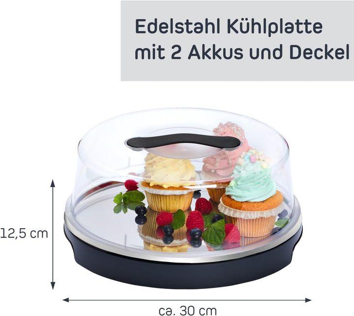 FH - Servierplatte mit Deckel - Kuchen Transportbox mit Kühlung, Kühlplatte mit Haube und Kühlakkus