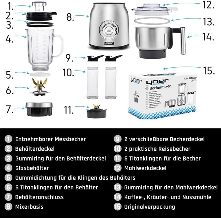 Yoer Titano JB03S, Standmixer, 1800W, 4-in-1, 2,4L Glasbehälter, Automatikprogramme, Edelstahl INOX,