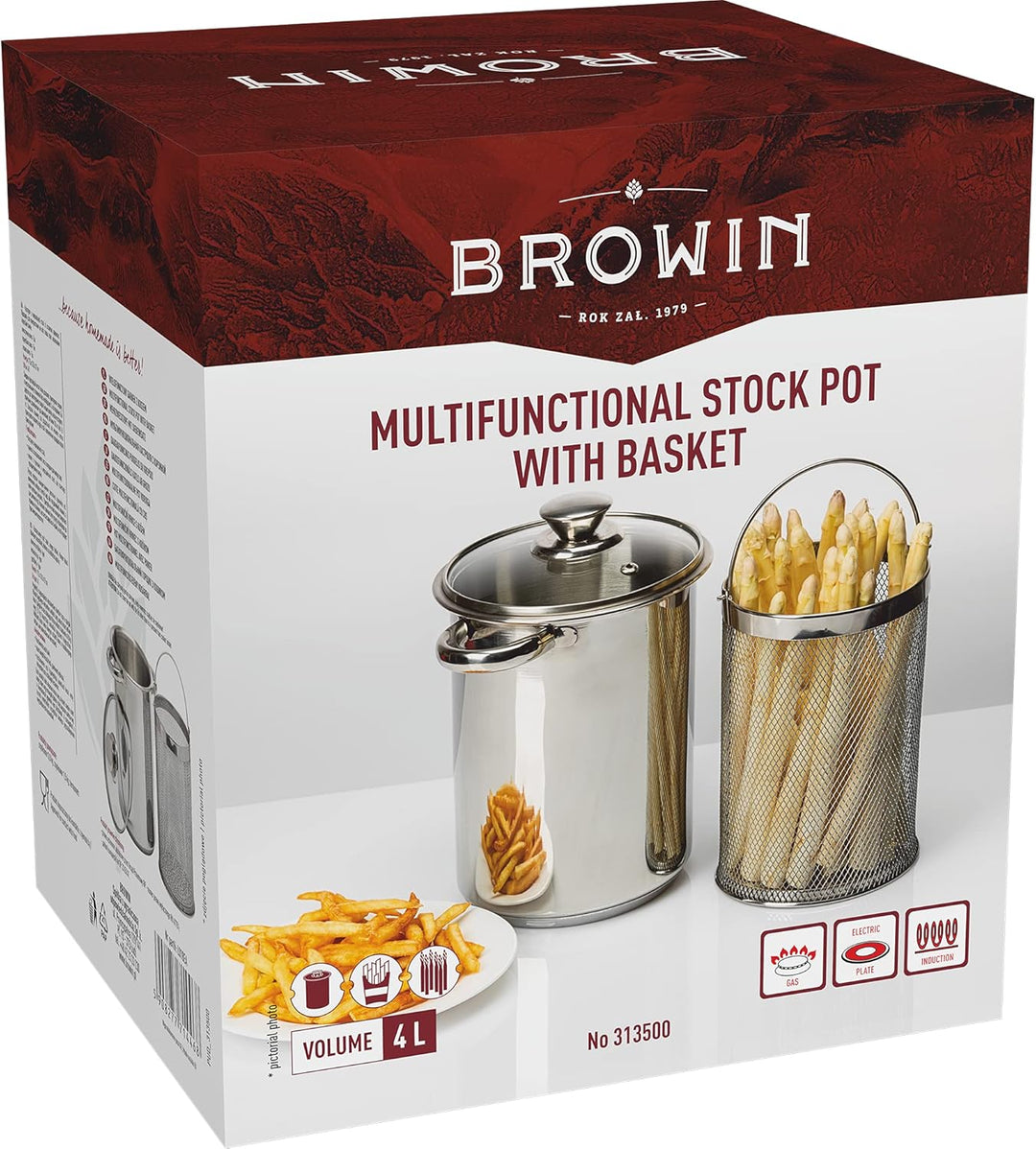 BROWIN® Rostfreier Spargeltopf 313500 mit Glasdeckel | 4 Liter | Pastatopf mit Siebeinsatz | für Ele