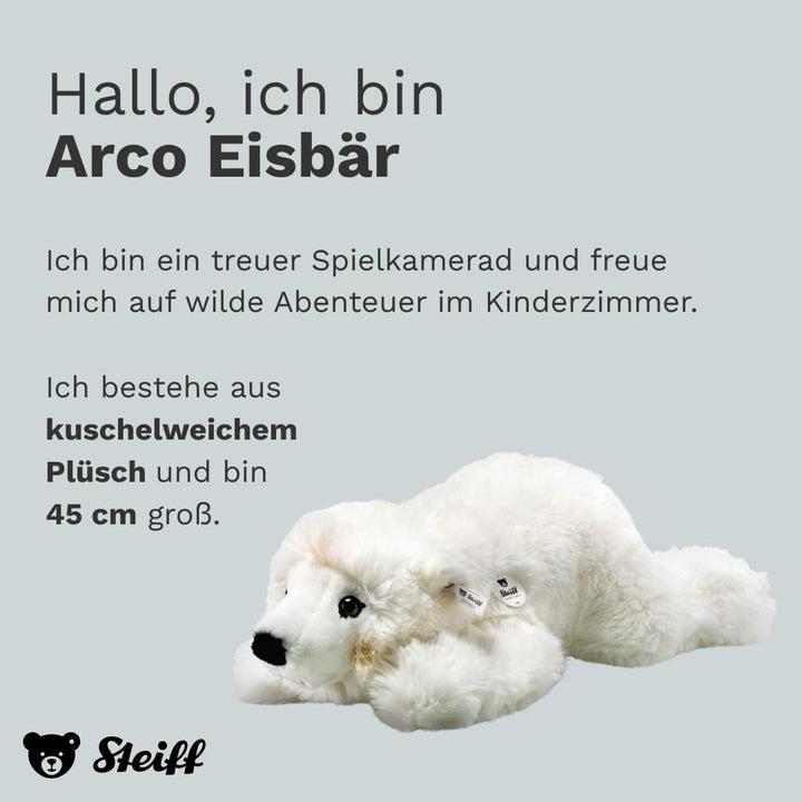 Steiff 115110 45 liegend Kuscheltier Arco Eisbär, WEIss, 45 cm