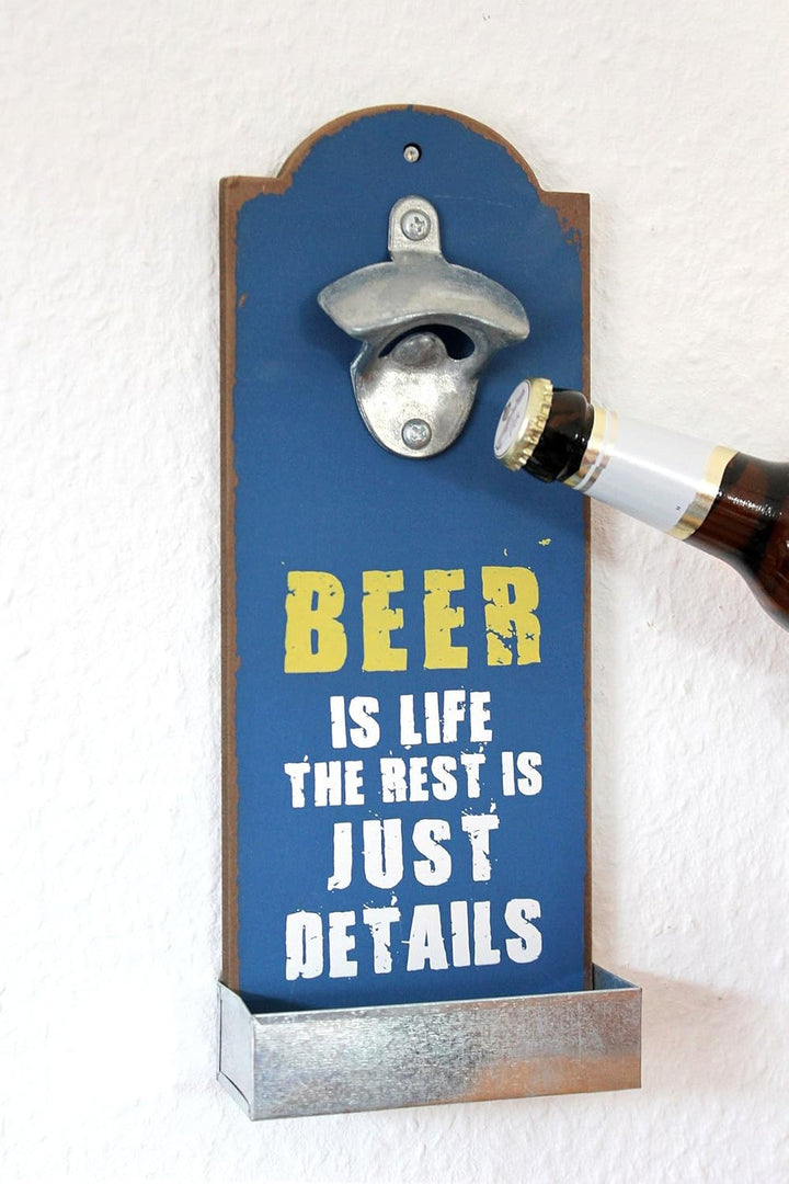 DanDiBo Wandflaschenöffner mit Kronkorkenbehälter 20003 Blau Beer is Life Bieröffner 32 cm Flaschenö