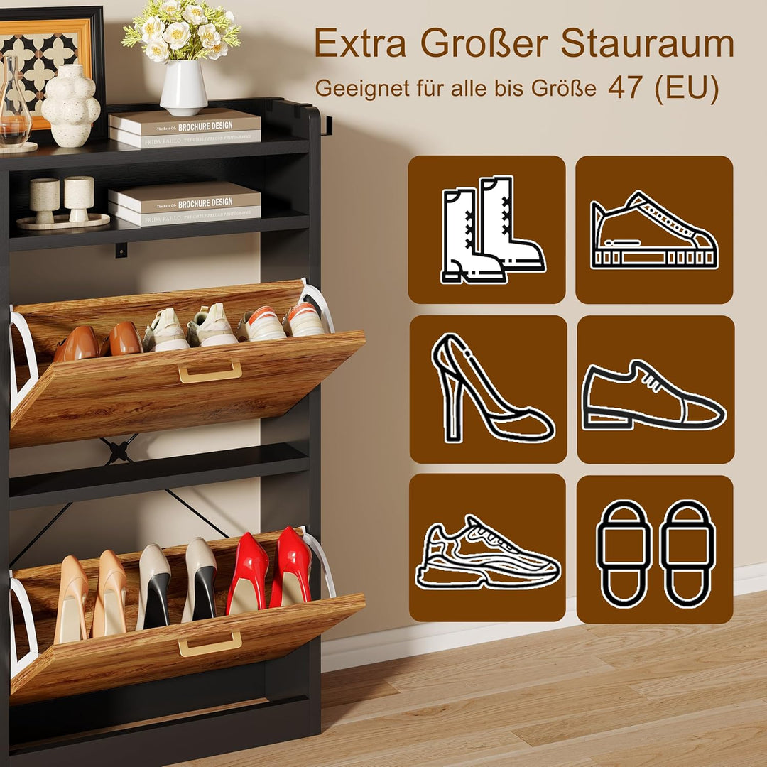 Schuhschrank mit 4 Klappen 20 cm Ultradünn,bis Grösse EU59 Passen, Schuhregal Schmaler aus Holz mit