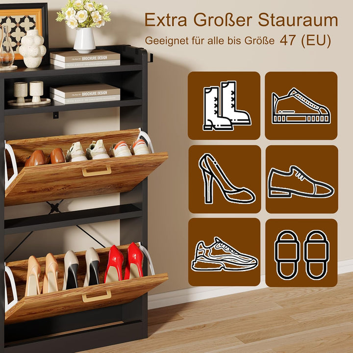 Schuhschrank mit 4 Klappen 20 cm Ultradünn,bis Grösse EU59 Passen, Schuhregal Schmaler aus Holz mit