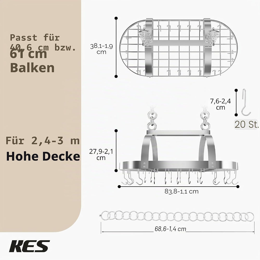 KES 85x39cm Chrom Topfhalter Pfannenhalter Hängeregal Küche Topfregal Deckenregal Hängend Küchenrega