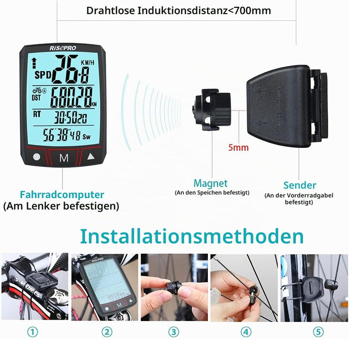 RISEPRO Fahrradcomputer, kabellos, wasserdicht, multifunktional, mit LCD-Display mit Hintergrundbele