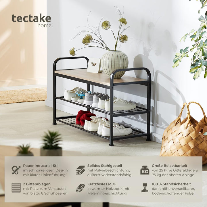 tectake 800951 Schuhregal mit Sitzfläche, Schuhbank aus Holz und Metall, Industrie-Design, 3 Ebenen