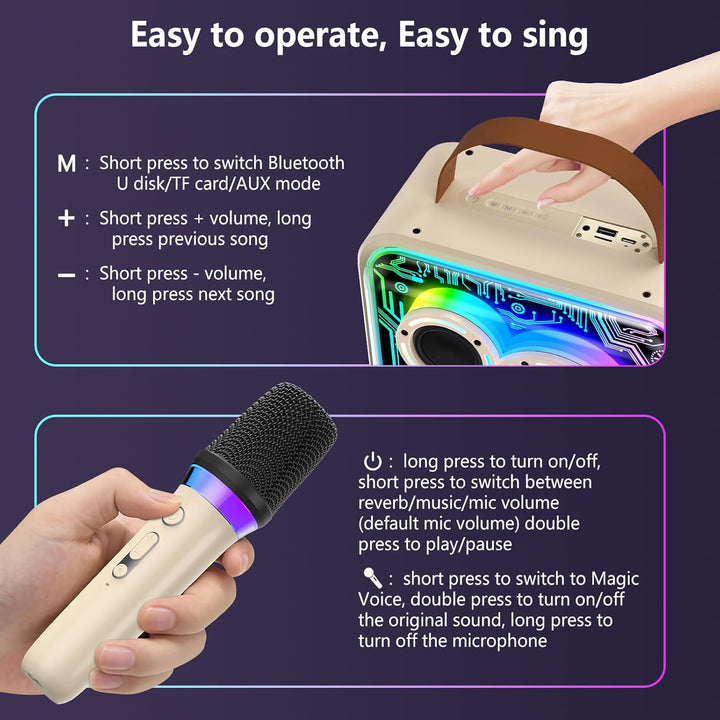JYX Karaoke-Maschine mit 2 Mikrofonen für Kinder & Erwachsene, LED-Lichtern und magischem Sound, tra