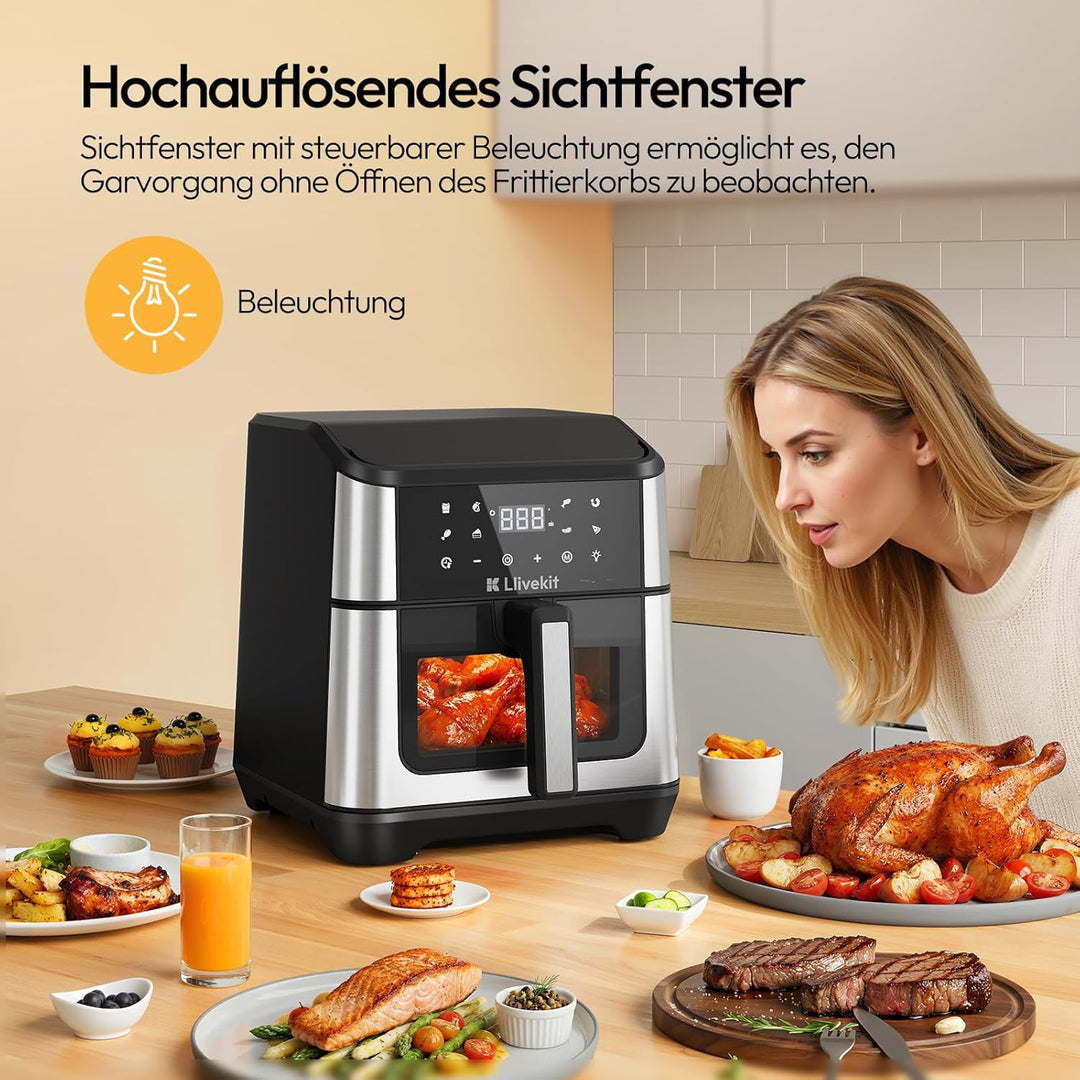 LLIVEKIT Heissluftfritteuse XXL 8,5L mit Doppelheizquelle, Airfryer mit 360° Heissluftzirkulation, 9