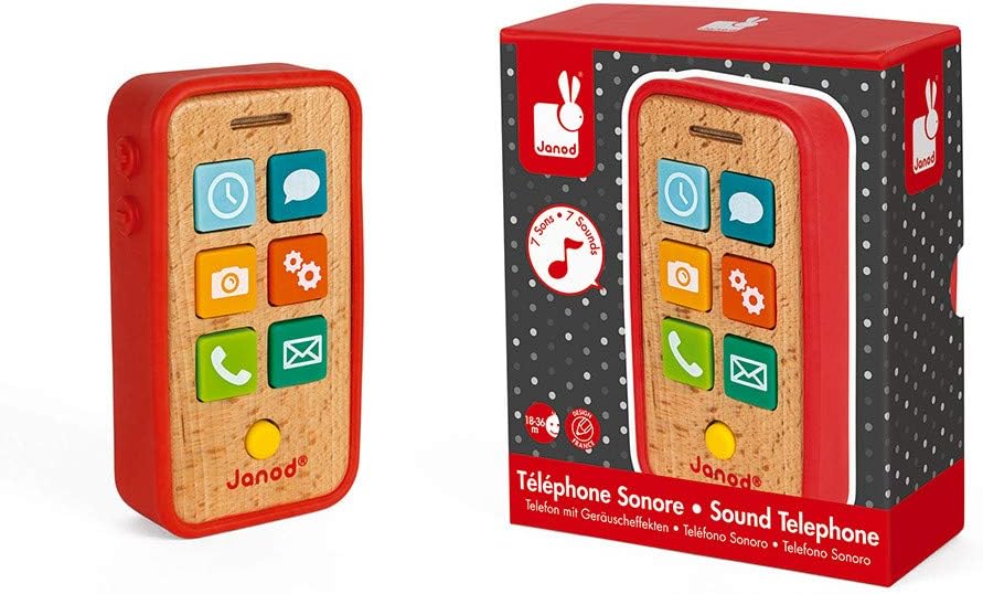 Janod - Wooden Sound Telephone for Children - Pretend Play Toy - For children from the Age of 18 Mon
