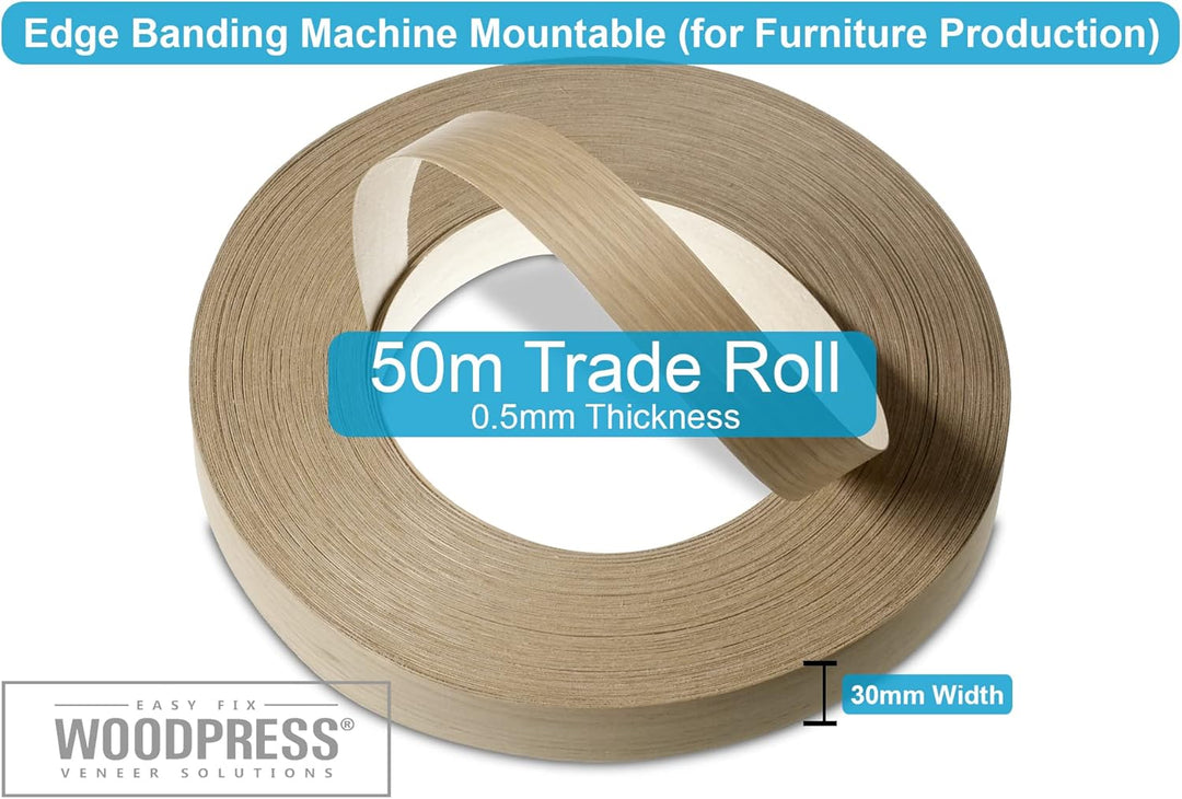 WordPress® 30 mm Eiche Echtholz Kantenumleimer mit Schmelzkleber – 50m Rolle – Einfache Anwendung zu