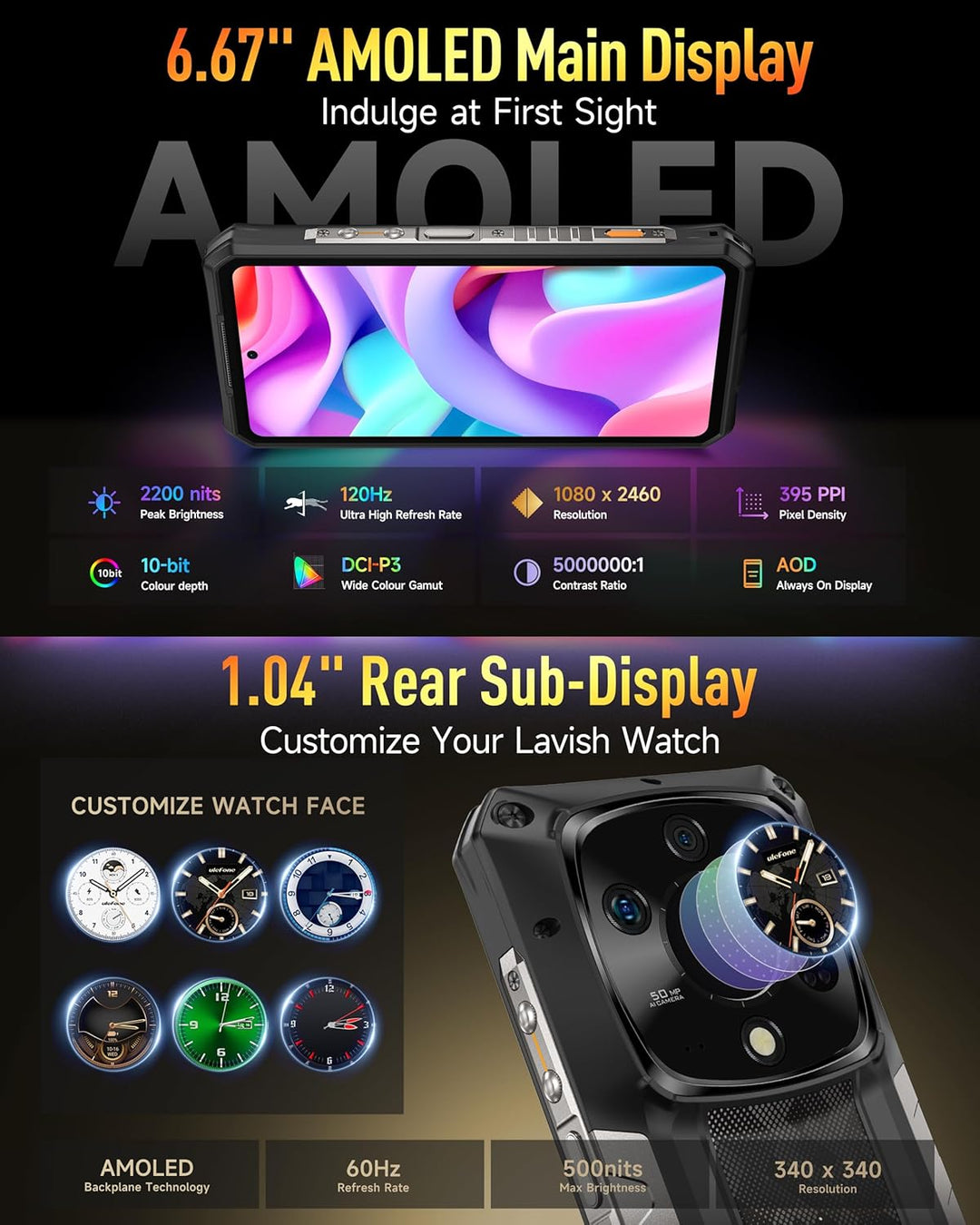 Ulefone Armor 28 Pro Outdoor Handy 5G AI Smartphone 32GB+512GB/SD-2TB, 6,67" FHD+ 120Hz AMOLED+1,04"
