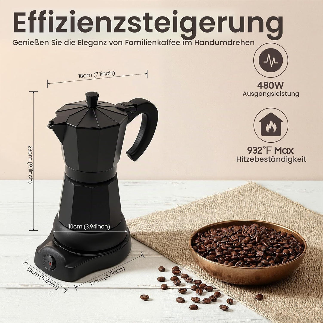 Espressokocher, 480W Elektrische Espressokanne 300ml Kaffeekanne 6 Tassen Mokkakanne mit Basis für H