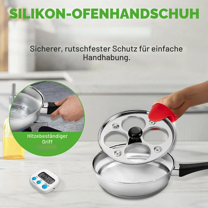 NutriChef Eier Pochierer Edelstahl 20 cm– Eierkocher Für 4 Eier, Pochierte Eier Form, Induktionsgeei