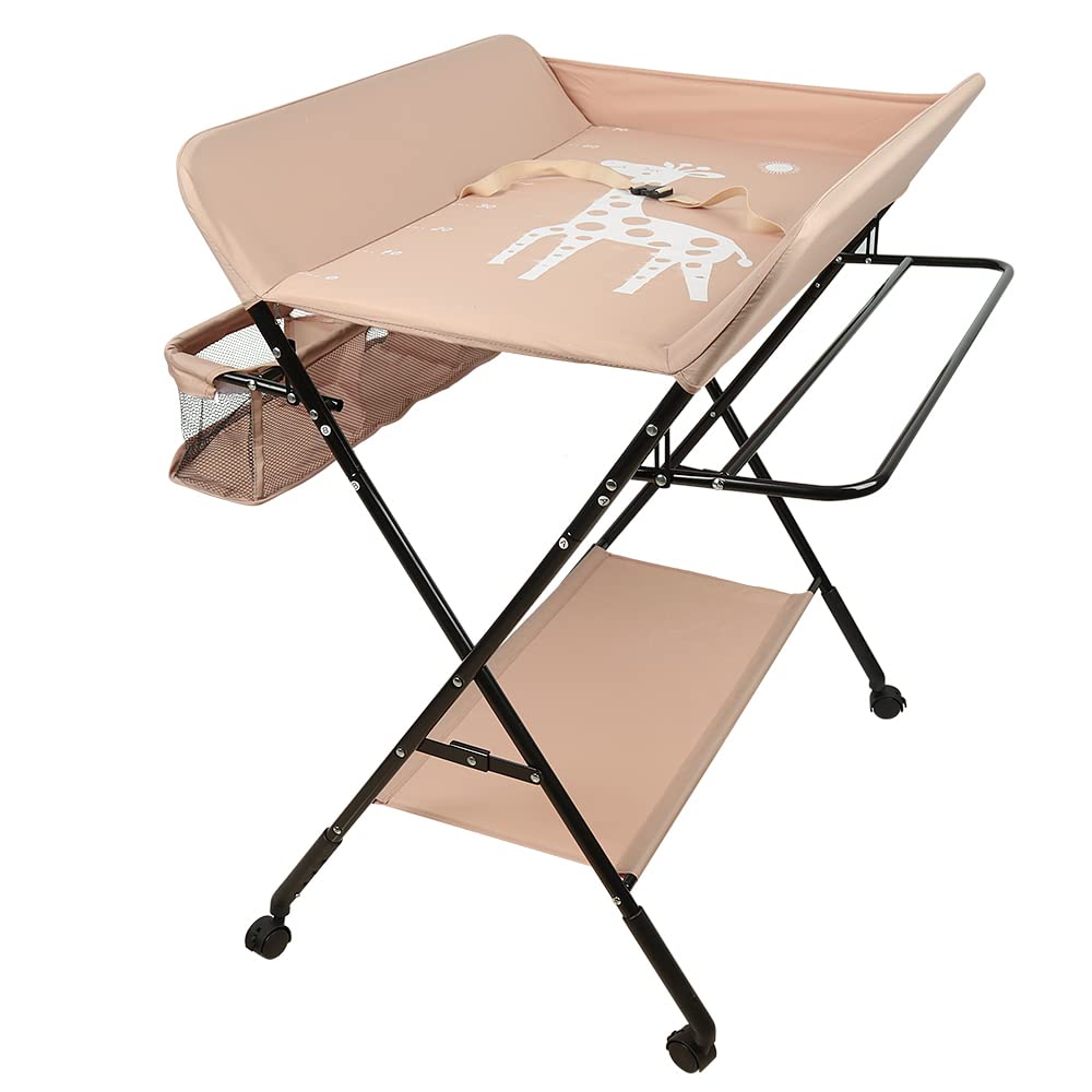OHMG Baby Wickelkombi Klappbare Wickelkommode,Wickeltisch mit Rollen,Mobiler Wickeltisch mit Wickela