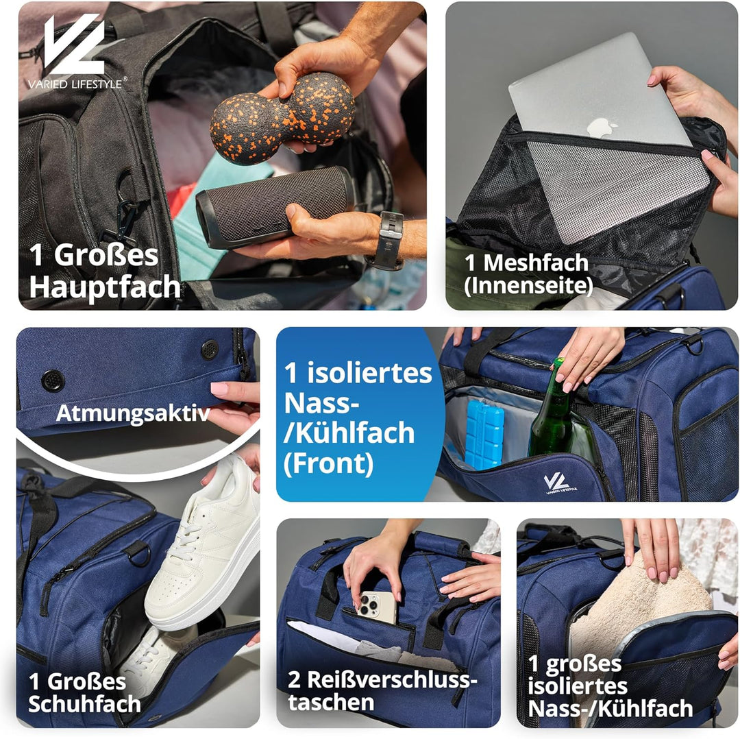 VL® Sporttasche Gross mit Schuhfach, Nassfach & [Isoliertes Kühlfach] Saunatasche & Reisetasche für