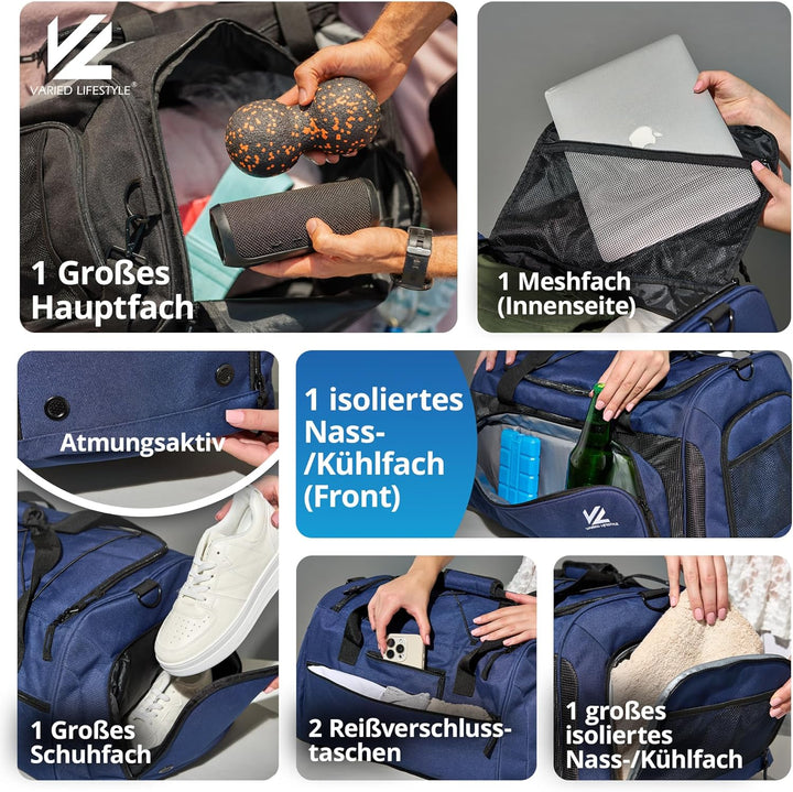 VL® Sporttasche Gross mit Schuhfach, Nassfach & [Isoliertes Kühlfach] Saunatasche & Reisetasche für