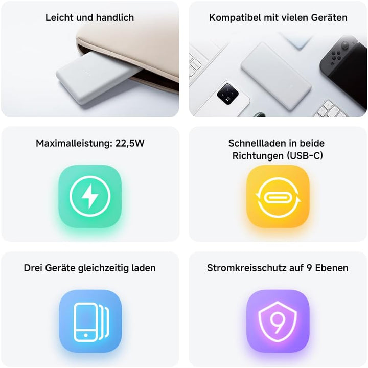 Xiaomi Power Bank 10000mAh Lite GL USB-C 22.5W, USB-C Schnellladen, Ladet 3 Geräte gleichzeitig, Flu