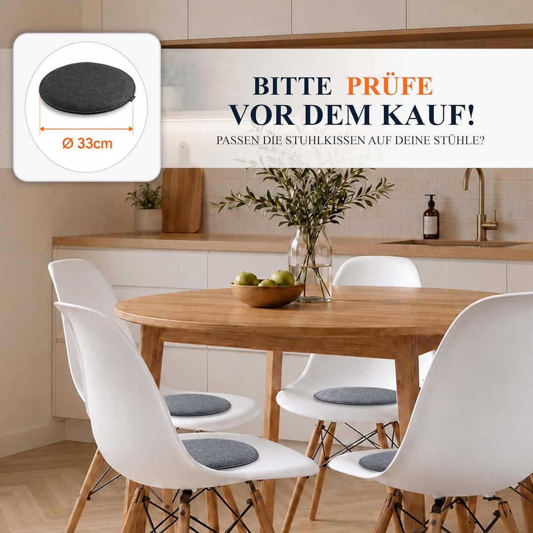 4er Set Stuhlkissen rund 33 cm - rutschfest &amp; Gemütlich - Sitzkissen Filz rund, Grau| für Stuhl, Ban