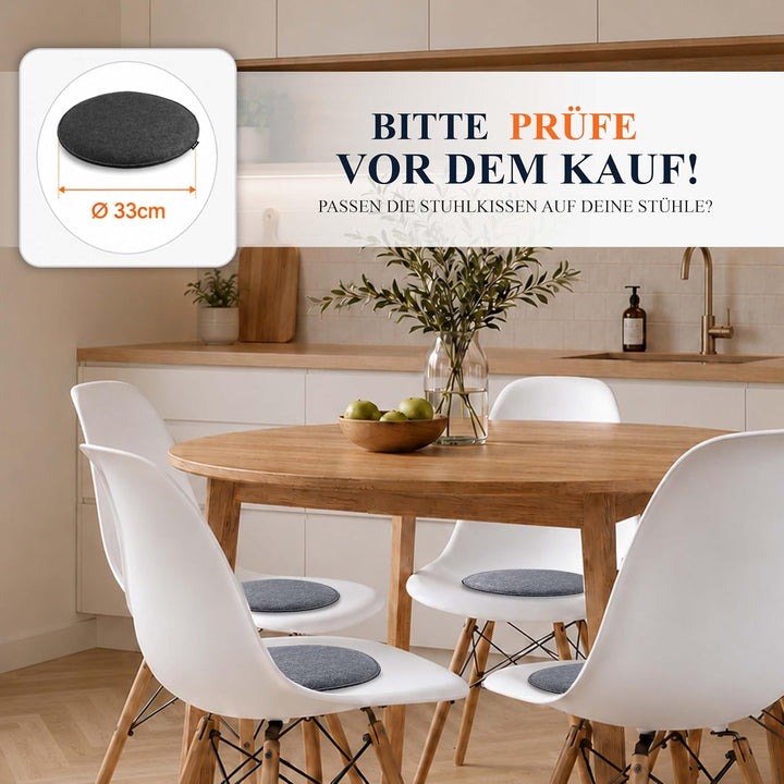 4er Set Stuhlkissen rund 33 cm - rutschfest &amp; Gemütlich - Sitzkissen Filz rund, Grau| für Stuhl, Ban