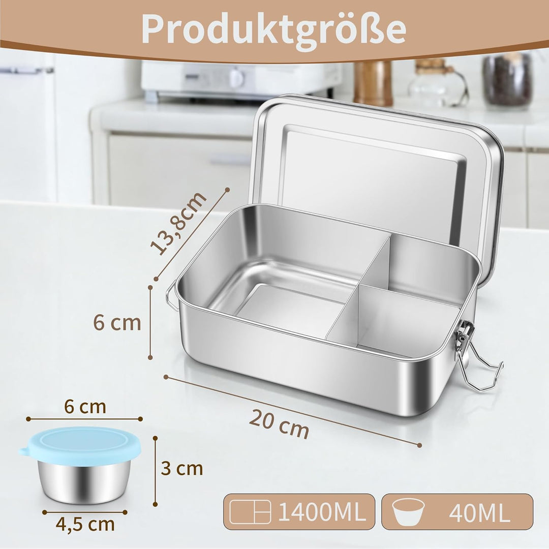 Onader Brotdose mit Fächern, 1400ML Edelstahl Bento Box mit Dressing Behälter und 1pc Abnehmbar Tren