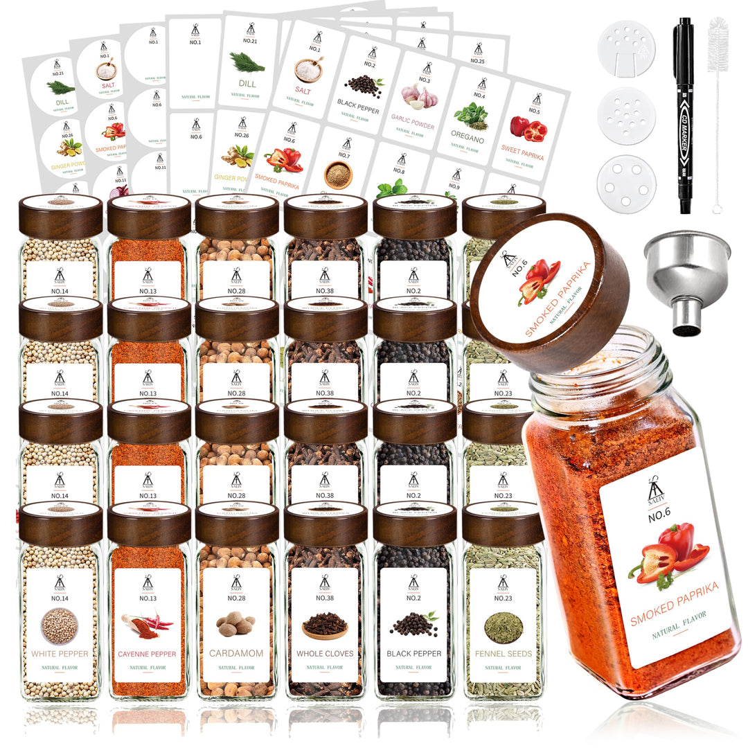 Kappen aus Akazienholz Gewürzgläser orbicular -Set | 24 Gewürzdosen Mit Gewürzetiketten | Perfekte O