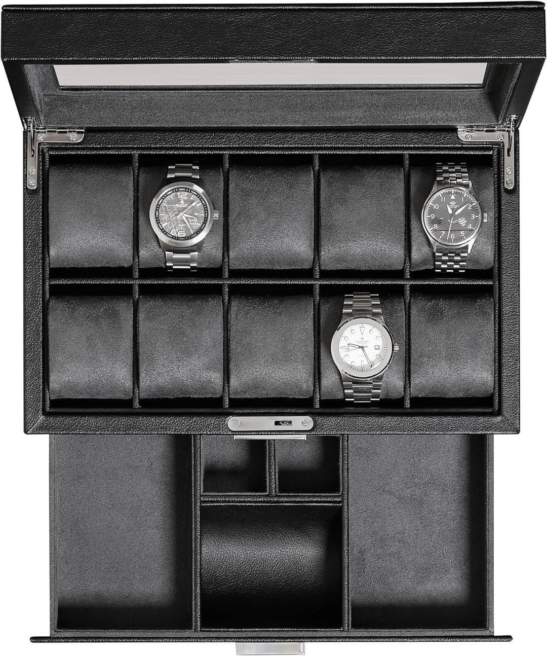 ROTHWELL Leder-Uhrenbox mit 10 Fächern, Luxus-Uhrenetui, Display-Organizer, abschliessbarer Schmuck-