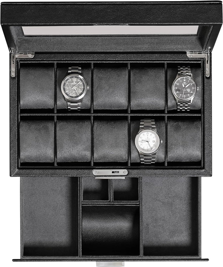 ROTHWELL Leder-Uhrenbox mit 10 Fächern, Luxus-Uhrenetui, Display-Organizer, abschliessbarer Schmuck-