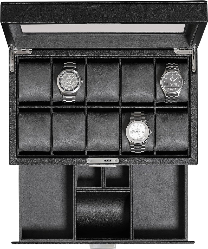 ROTHWELL Leder-Uhrenbox mit 10 Fächern, Luxus-Uhrenetui, Display-Organizer, abschliessbarer Schmuck-