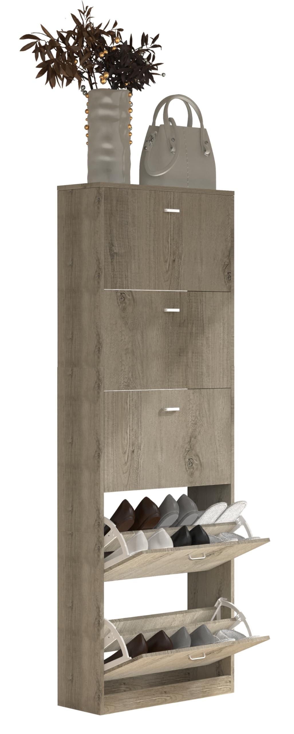 VCM Holz Schuhschrank | Masse: H. 170 x B. 59 x T. 22 cm | 5 Klappen - Sipos XL Honig-eiche, Honig-e