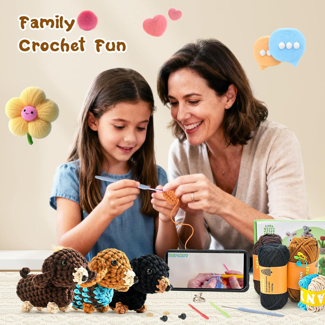 Häkelset für Anfänger, Amigurumi Dachshund Häkelset Tiere Crochet Kit, Alles in Einem Häkeln für Anf