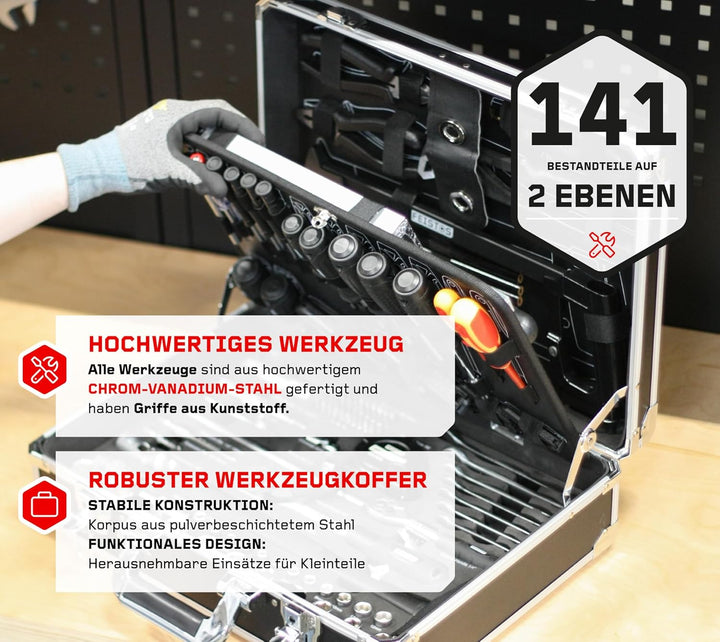 Werkzeugkoffer Manos 141 | Bestückt mit 141 hochwertigen Werkzeugen | Robuster Stahlkoffer mit Metal