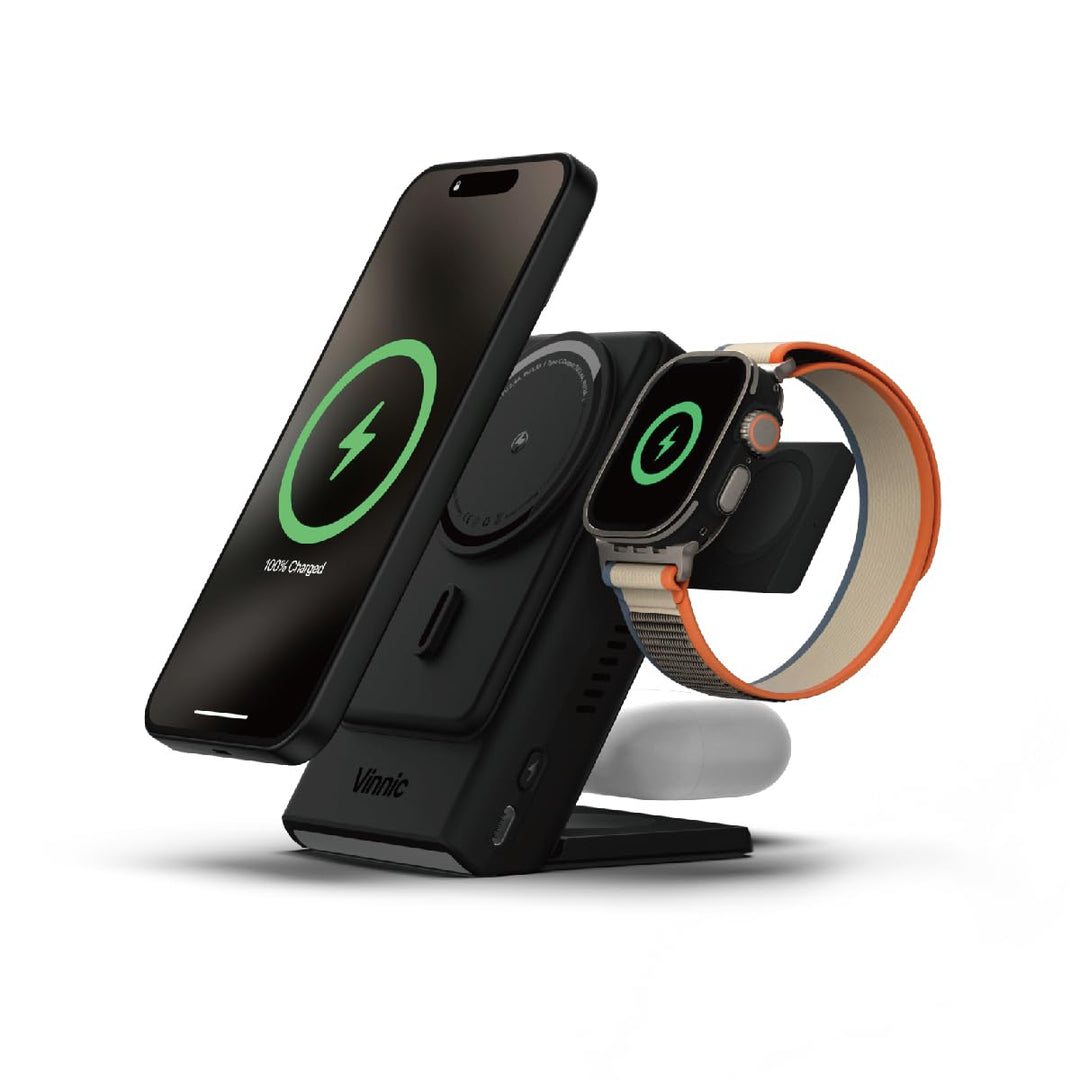 Vinnic AELLO Peak 3-in-1 Kabelloses Ladedock mit MagSafe kompatibler Powerbank, 5000mAh, für iPhone,