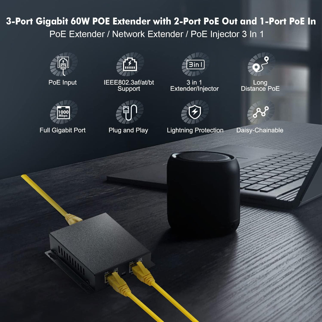 Gigabit PoE Extender, 1 PoE in 2 PoE Out, IEEE802.3af/at/bt PoE Powered Max 60W, Hi-PoE 90W, 10/100/