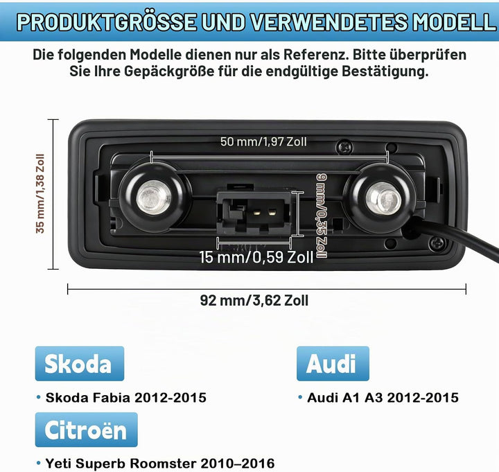 HD 1080P Auto Rückfahrkamera Ersatz für Skoda Fabia Audi A1 A3 2012-2015 Yeti Superb Roomster 2010-2