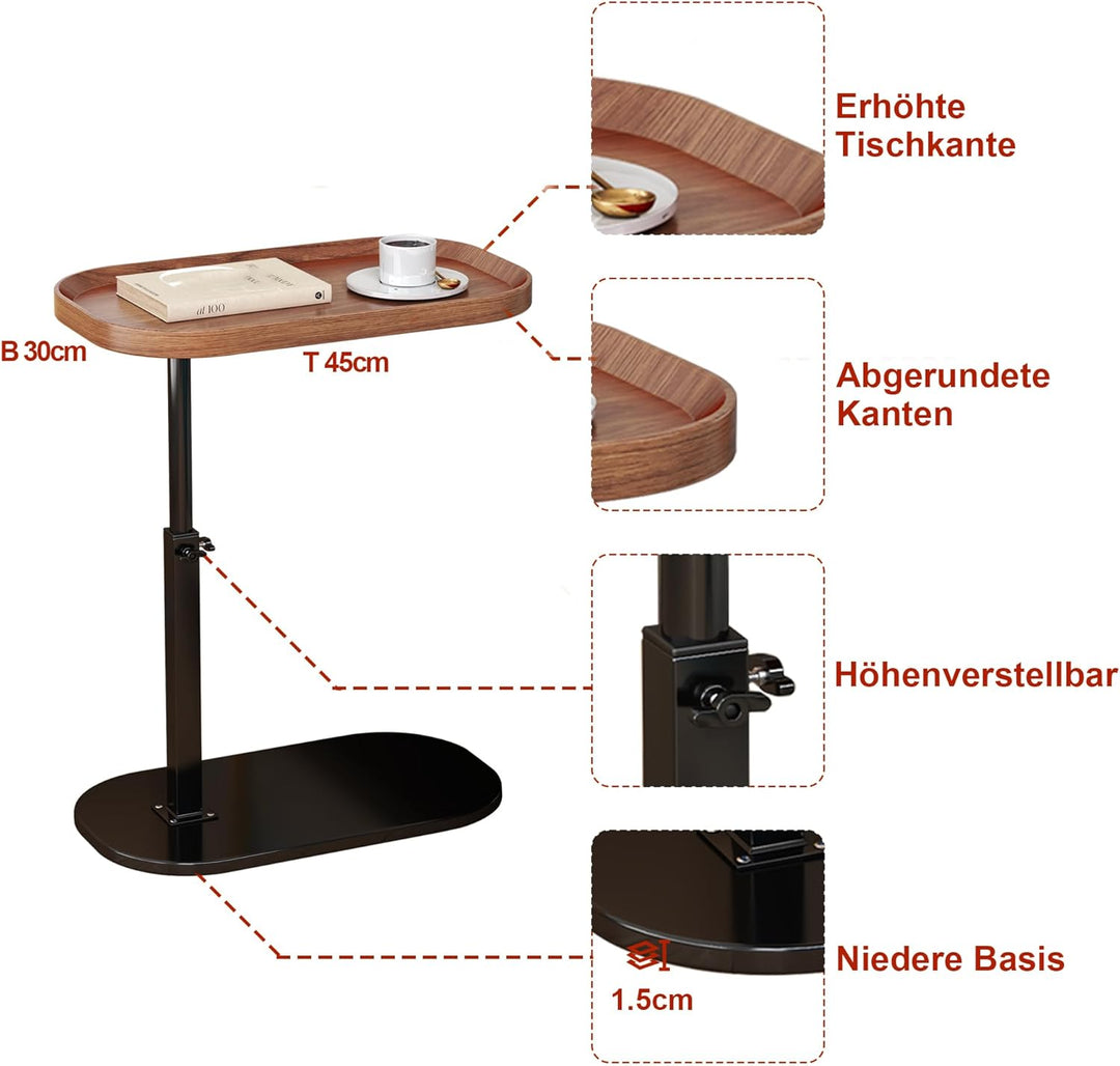 Höhenverstellbarer Beistelltisch mit erhöhtem Rand 30x45cm, Kleiner C-Form Betttisch Sofatisch mit 3