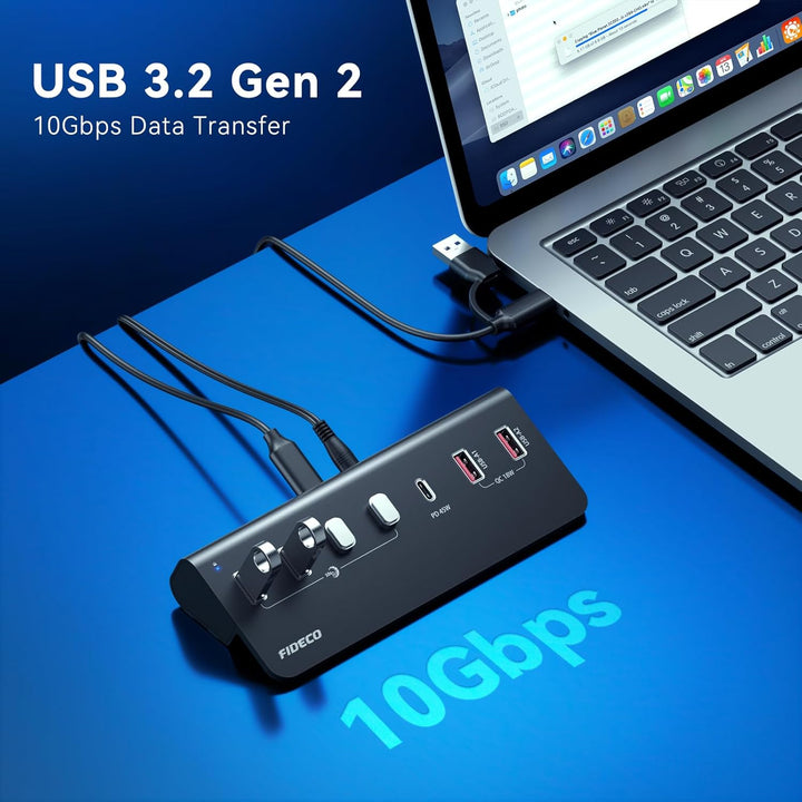 FIDECO 7-Ports 72W USB Hub mit Netzteil, USB Hub Aktiv mit 1 PD 45W, 2 QC 3.0 Charging Port und 4 US