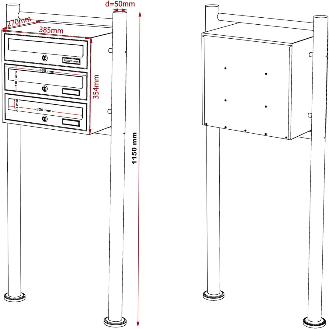 Wiltec 3er Briefkastenanlage weiss 513 x 270 x 1150 mm, Standbriefkasten mit 3 Fächern, Schlüssel un